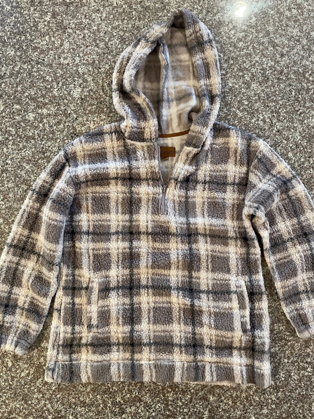 Koolaburra by UGG Brushed Back Sherpa Hoodie Plaid Print Pullover Gray/cream